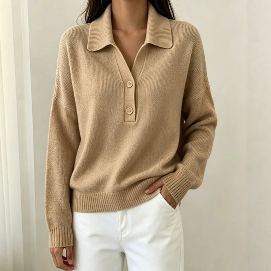 Damen Polokragen-Pullover mit halber Knopfleiste und geripptem Saum Shop Nory