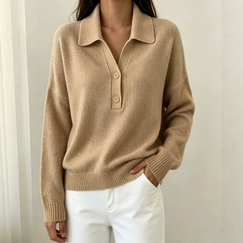 Damen Polokragen-Pullover mit halber Knopfleiste und geripptem Saum Shop Nory