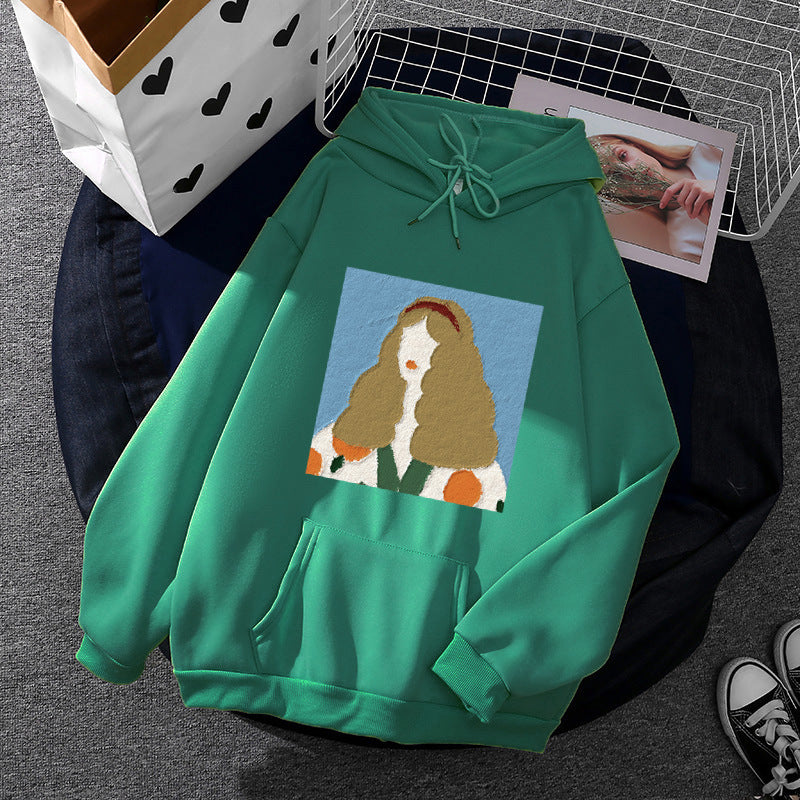 Damen nan Kapuzenpullover mit kunstvoller Chenille-Stickerei im Portraitstil und Kängurutasche Shop Nory