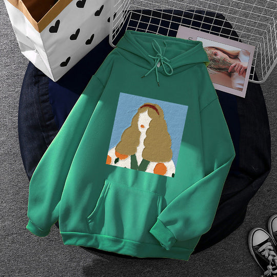 Damen nan Kapuzenpullover mit kunstvoller Chenille-Stickerei im Portraitstil und Kängurutasche Shop Nory