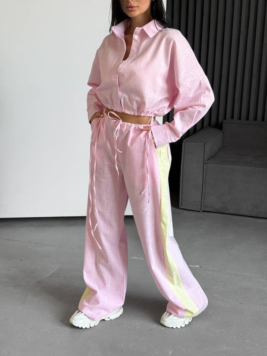 Damen kurzes Hemd mit Kordelzug und weite hochgeschnittene Leinenhose Set Shop Nory
