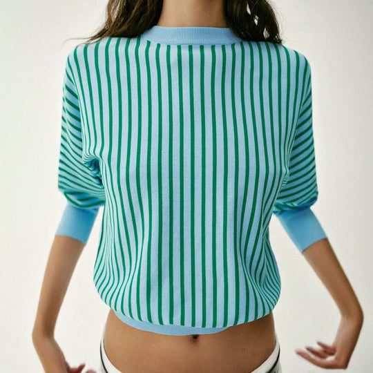 Damen Kurzgeschnittener gestreifter Feinstrick-Pullover mit verlängerten Rippärmeln Shop Nory