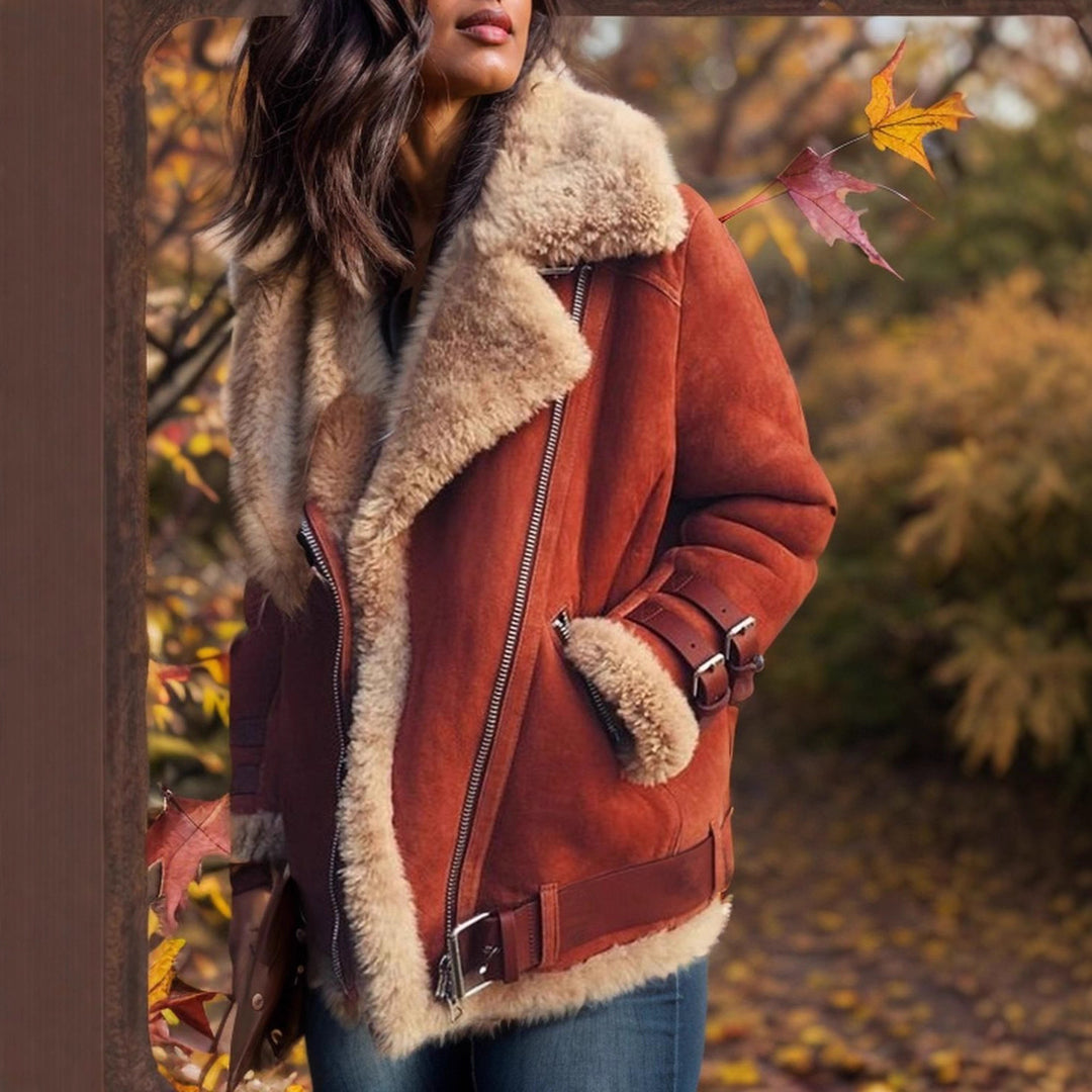 Damen Kurz geschnittene Aviator-Lederjacke mit Teddyfell‑Futter und Reißverschlussdetails Shop Nory