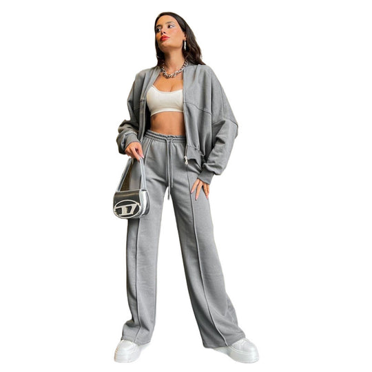 Damen Oversized Zip-Hoodie-Set mit Cropped Top und weiter Naht-Sweathose Shop Nory