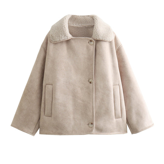 Damen Kurzjacke im Lammfell-Look mit Umlegekragen und seitlichen Eingrifftaschen Shop Nory