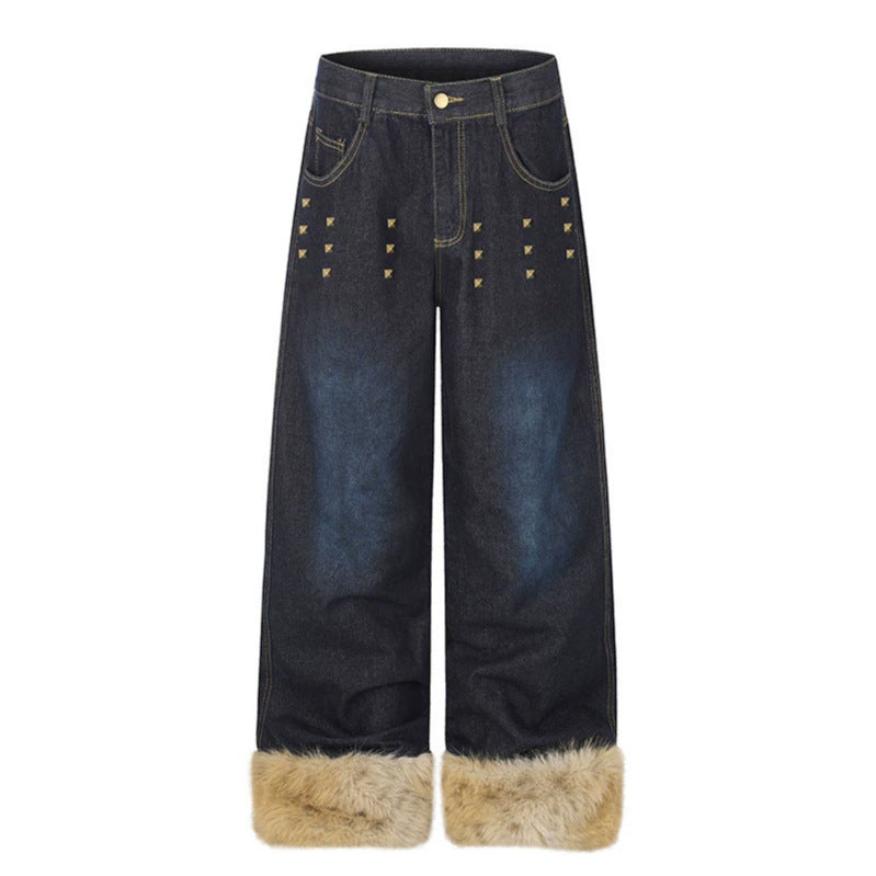 Damen Weite Denim-Palazzo-Jeans mit Fellbündchen und Nieten Shop Nory