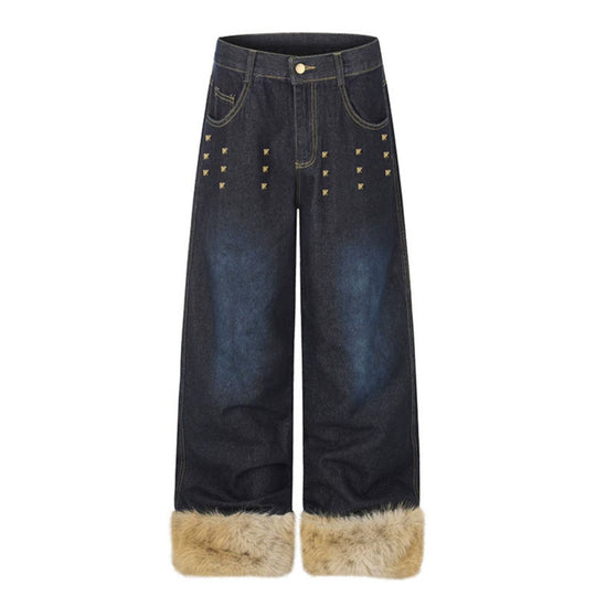 Damen Weite Denim-Palazzo-Jeans mit Fellbündchen und Nieten Shop Nory