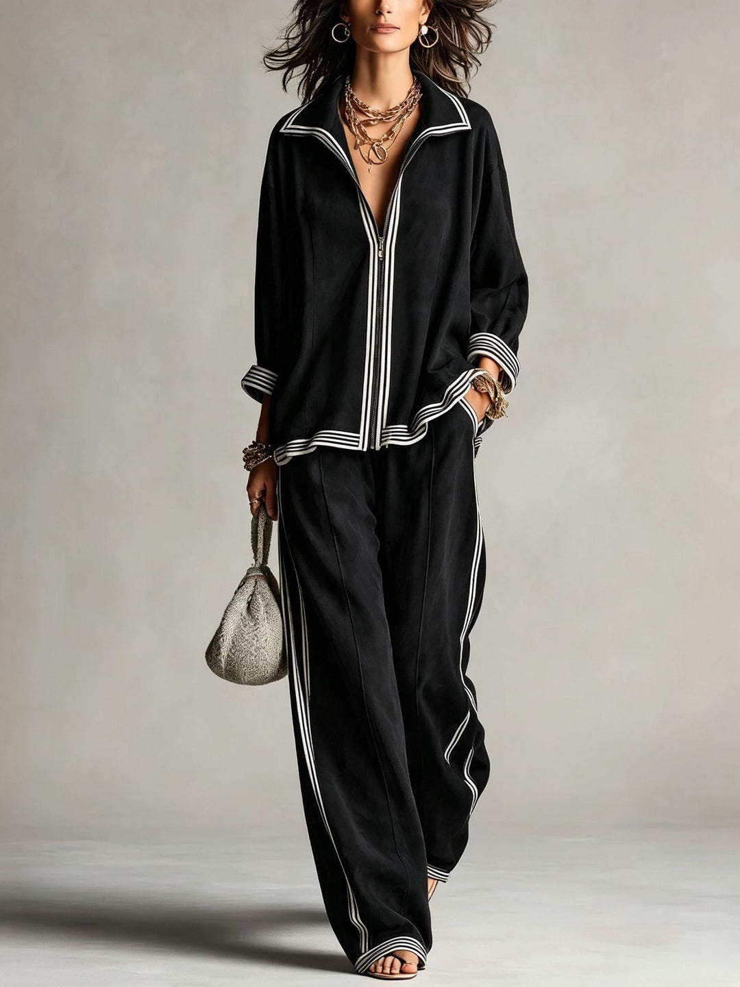 Damen Lässiges Velours-Jogginganzug-Set mit Reißverschluss und Kontraststreifen Shop Nory