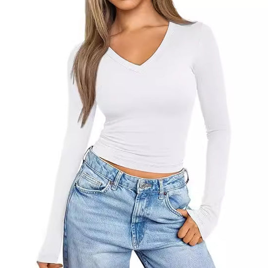 Damen Figurnahes Langarm-Cropped-Shirt mit V-Ausschnitt und elastischem Taillenbund Shop Nory