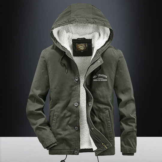 Herren Canvas-Kapuzenjacke mit durchgehendem Teddyfutter, Zwei-Wege-Reißverschluss und Kordzugsaum Shop Nory