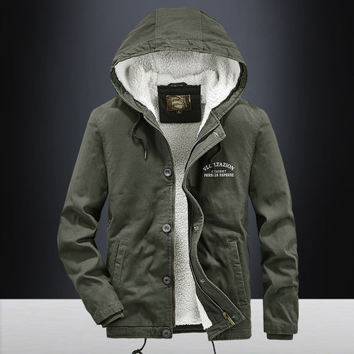 Herren Canvas-Kapuzenjacke mit durchgehendem Teddyfutter, Zwei-Wege-Reißverschluss und Kordzugsaum Shop Nory