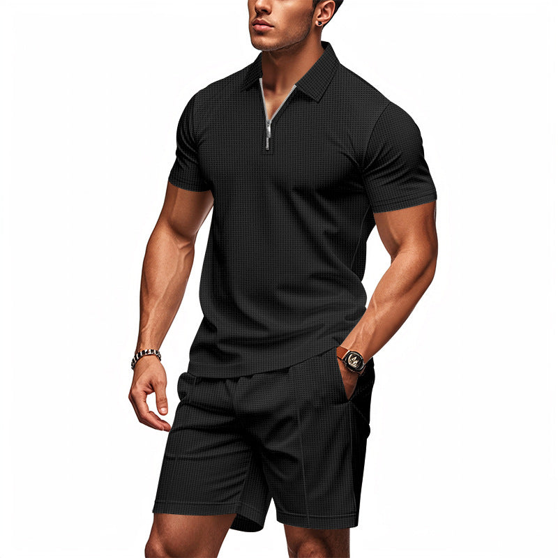 Herren Sportliches Kurzarm-Set mit teils strukturiertem Design und durchgehendem Reißverschluss