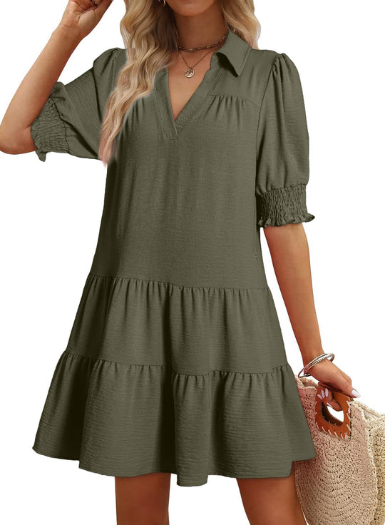 Damen Lässiges Stufenkleid mit Hemdkragen, V-Ausschnitt und gesmokten Ärmeln Shop Nory