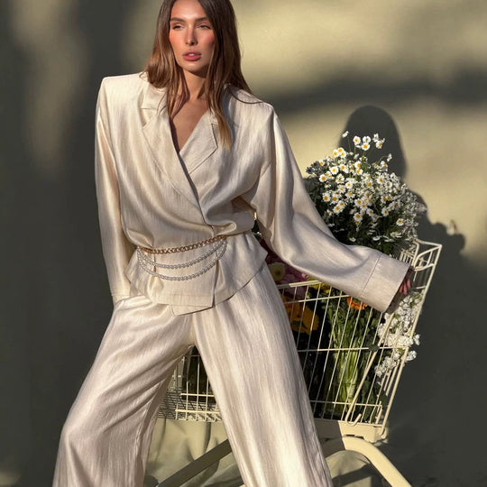Damen Satin-Zweiteiler mit Wickelbluse, weiten Hosen und elastischem Bund Shop Nory