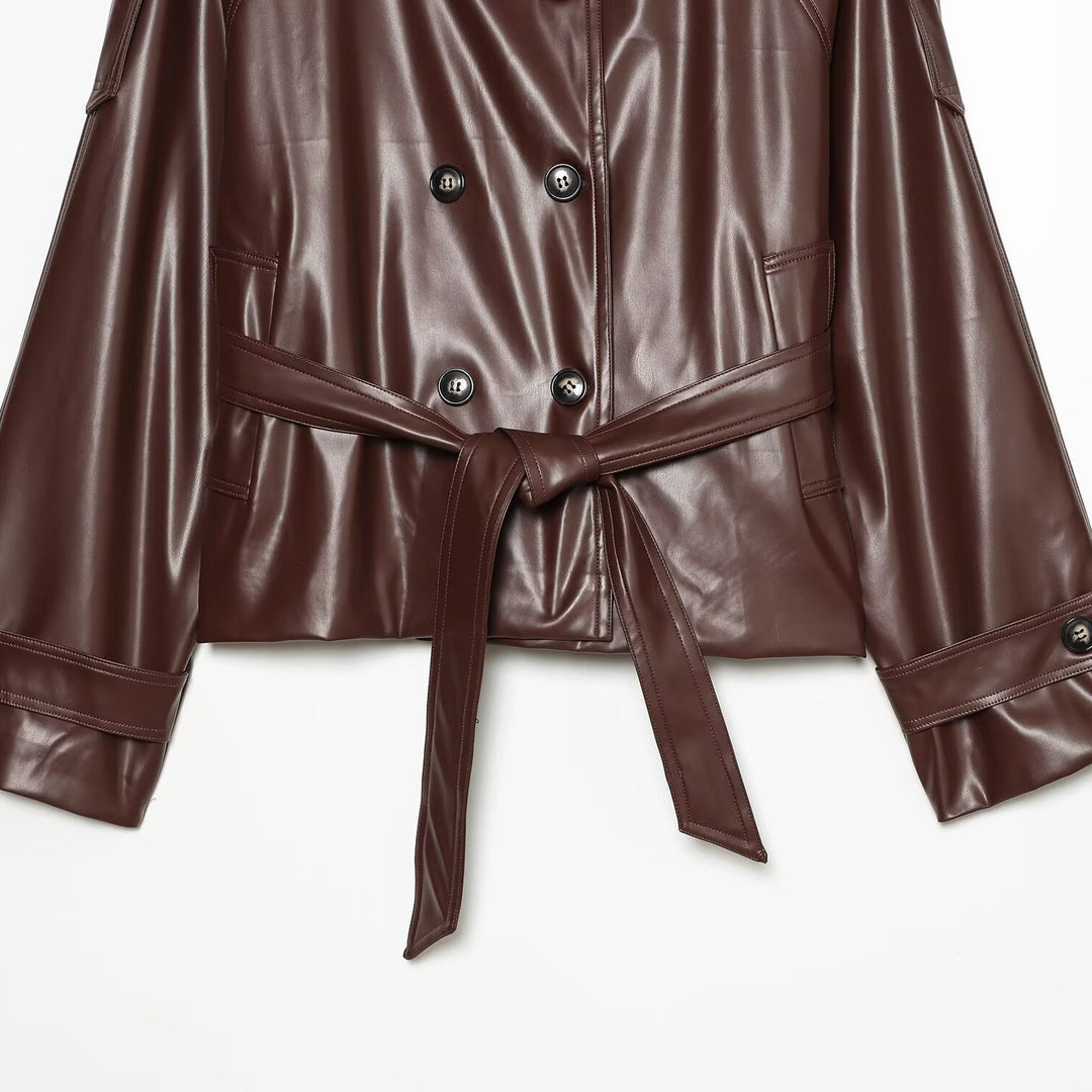 Damen Cropped Kunstlederjacke mit hochgeschlossenem Funnelkragen und Taillenband Shop Nory