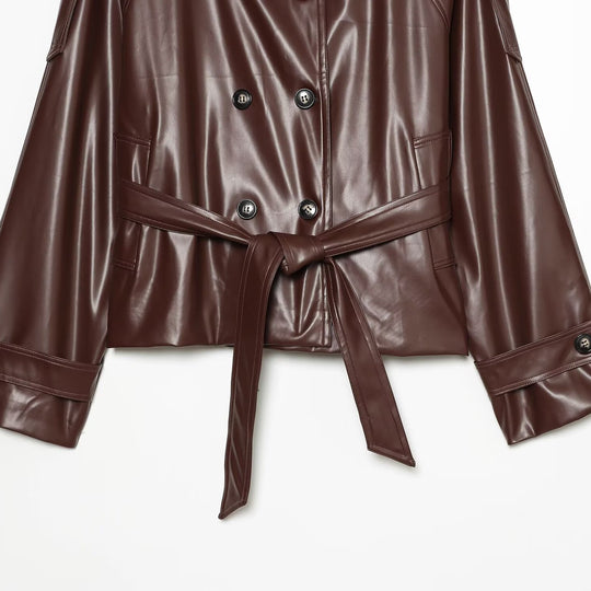 Damen Cropped Kunstlederjacke mit hochgeschlossenem Funnelkragen und Taillenband Shop Nory