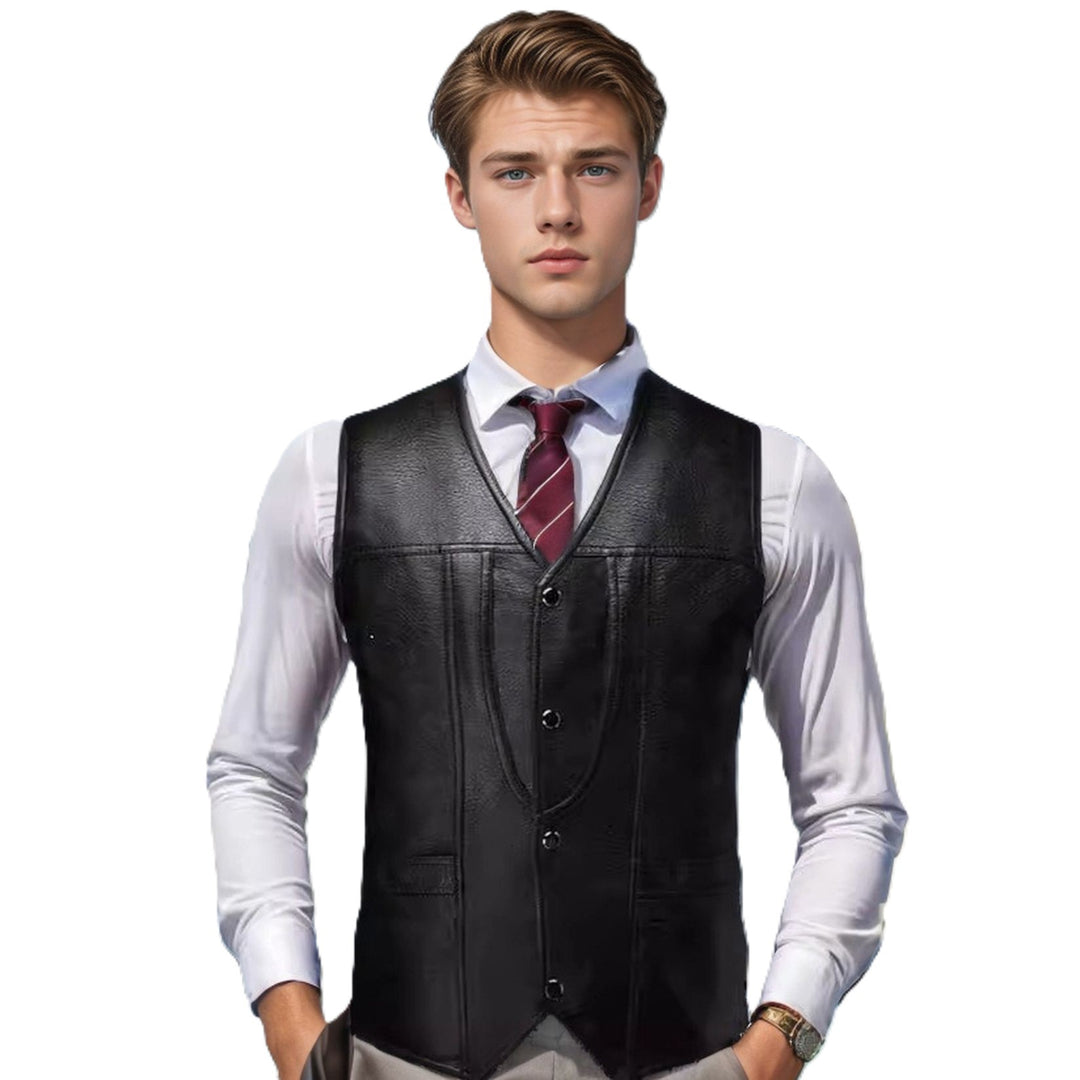 Herren Ärmellose Taillierte Lederweste mit V‑Ausschnitt, Ziernähten und Knopfleiste Shop Nory