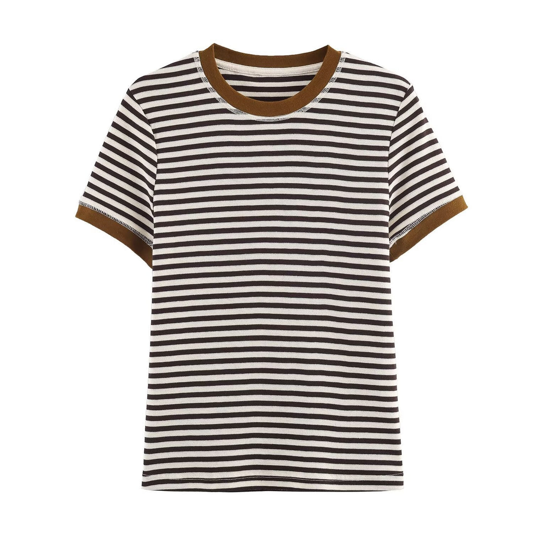 Damen gestreiftes T-Shirt mit kontrastierenden Ärmeln Shopnory