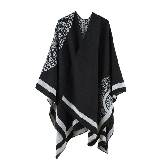 Damen Oversized Strickponcho mit Musterbesatz und asymmetrischem Saum Shop Nory