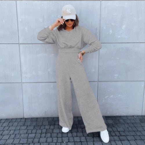 Damen Loungewear-Set mit Cropped V‑Ausschnitt-Pullover und hochtaillierter Palazzohose Shop Nory