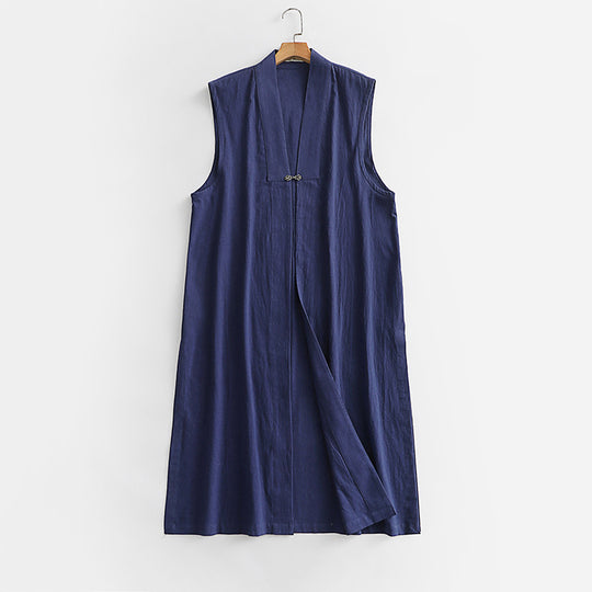 Damen Langer ärmelloser Kimono-Weste aus Leinenmix mit schmaler Schalkante und dekorativem Knebelverschluss Shop Nory