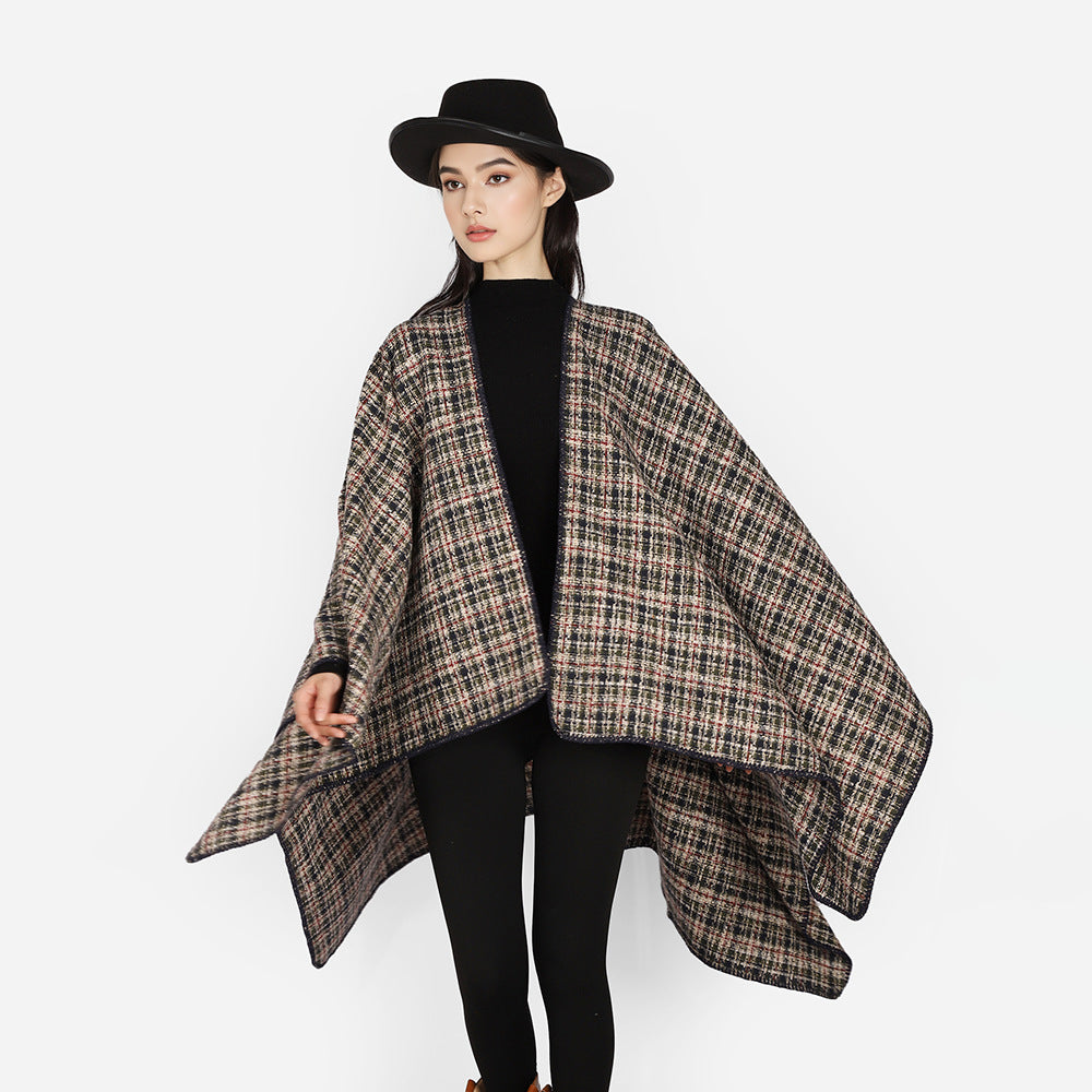 Damen Bouclé-Tweed Cape-Poncho mit V-Ausschnitt und kontrastierter Einfassung Shop Nory