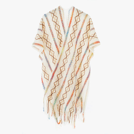 Damen Gewebter Fransenponcho mit V‑Ausschnitt und buntem Reliefjacquard Shop Nory