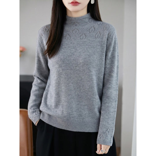Damen Leichter Stehkragenpullover mit floralem Ajour‑Yoke und feiner Rippkante Shop Nory
