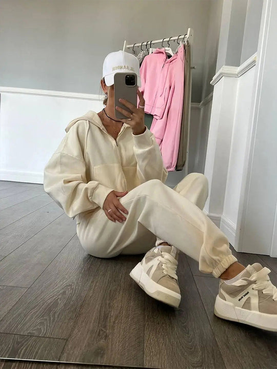 Damen lässiges Kapuzen-Sweatshirt und Jogginghose Set in Oversize-Passform mit Reißverschluss und Kängurutasche Shop Nory