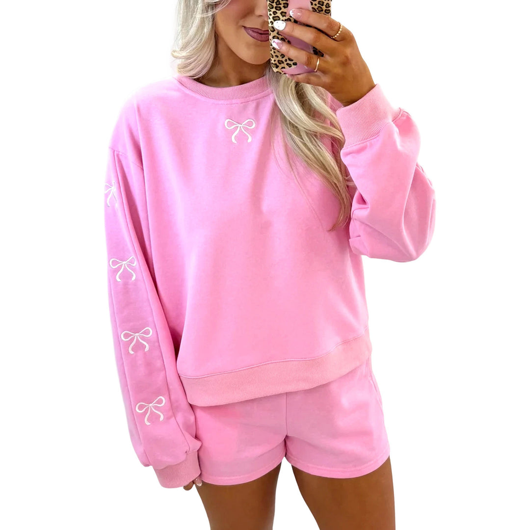 Damen Kuscheliges Sweat-Lounge-Set mit Shorts und bestickten Ballonärmeln Shop Nory