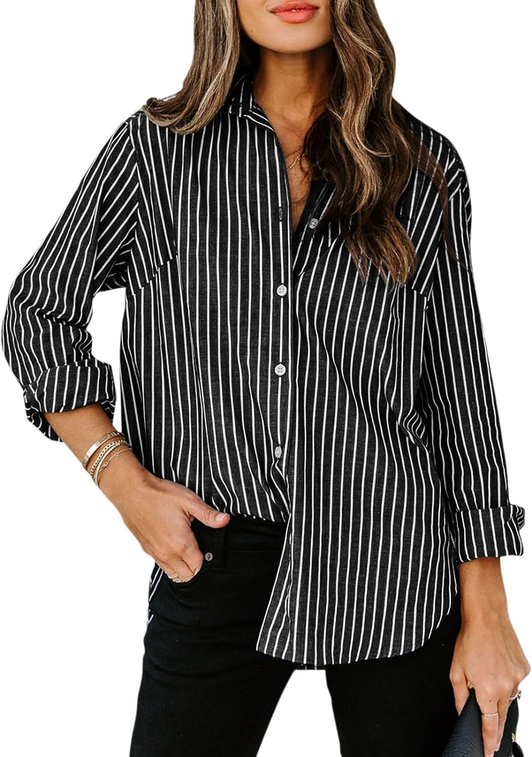 Damen gestreifte Bluse mit klassischem Kragen und lässigem Schnitt