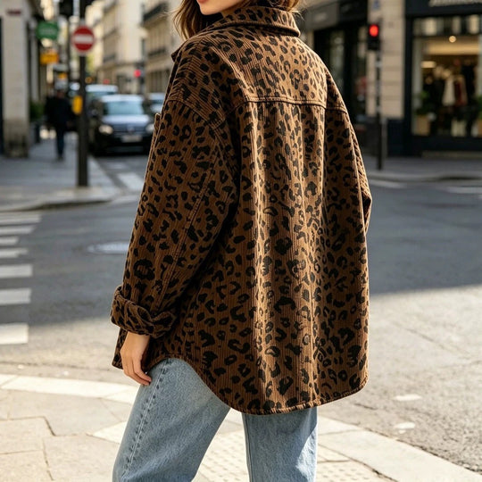 Damen Oversize Cord-Hemdenjacke mit Leopardenmuster und Druckknöpfen Shop Nory