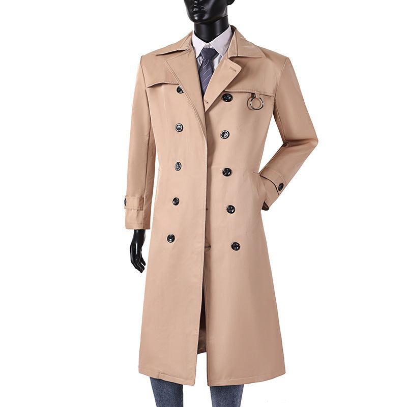Herren Doppelreihiger Trenchcoat mit Taillierung, Reverskragen und dekorativem Metallring Shop Nory