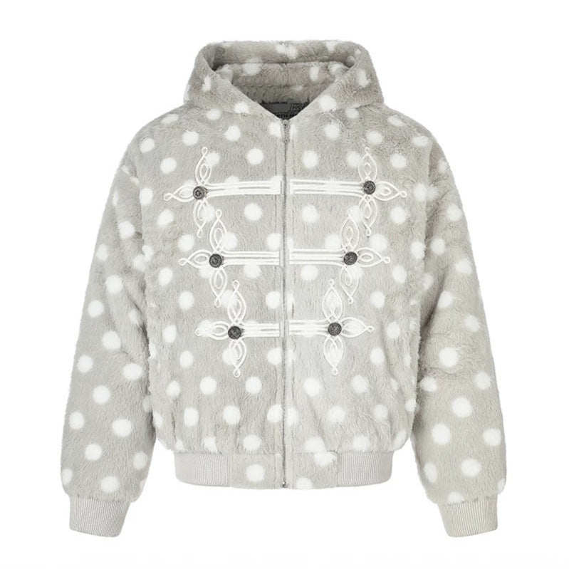 Damen Kapuzen-Fleecejacke im Bomberstil mit Polka‑Dot und dekorativen Froschknopf-Details Shop Nory