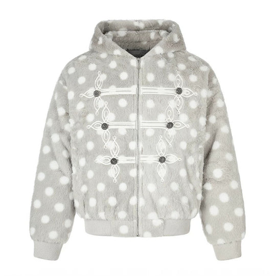 Damen Kapuzen-Fleecejacke im Bomberstil mit Polka‑Dot und dekorativen Froschknopf-Details Shop Nory