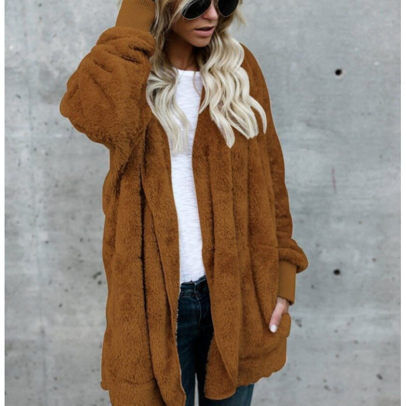 Damen Oversize Teddy‑Fleece‑Mantel mit offener Front, Eingrifftaschen und Rippbündchen Shop Nory