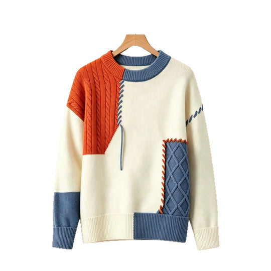 Damen Oversize Strickpullover im Patchwork‑Design mit Zopfmuster‑Einsätzen Shop Nory