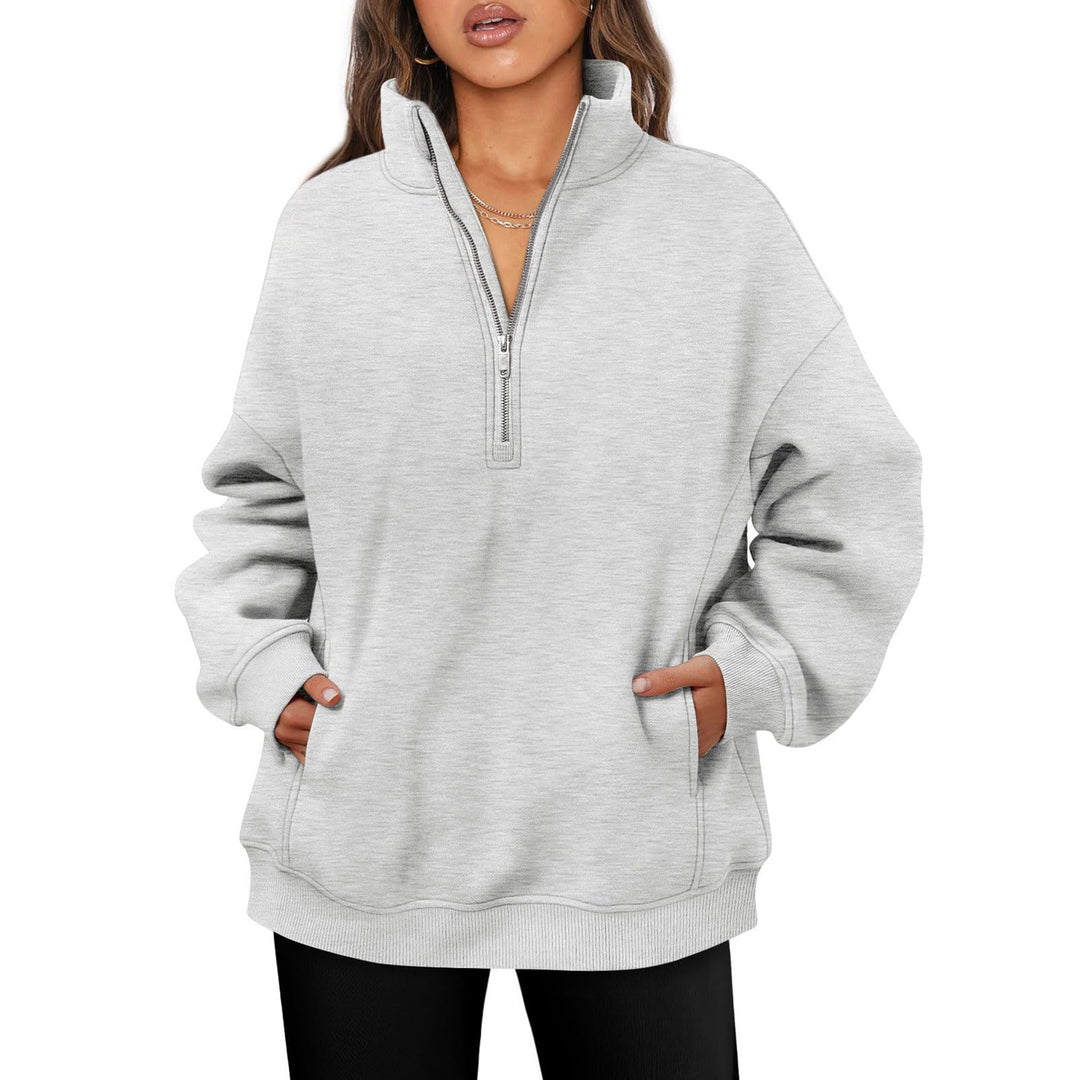 Damen nan oversized Halbzip-Pullover mit Stehkragen, Kängurutasche und Rippbündchen Shop Nory