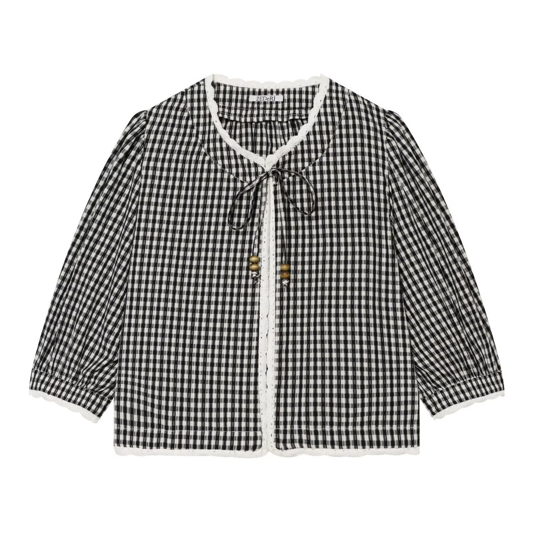 Damen Vichykaro-Bluse mit Häkelbesatz, Bindeband und dreiviertel Ballonärmeln Shop Nory