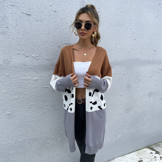 Damen Offene Longcardigan im Blockdesign mit Animal‑Intarsien und gerippten Abschlüssen Shop Nory