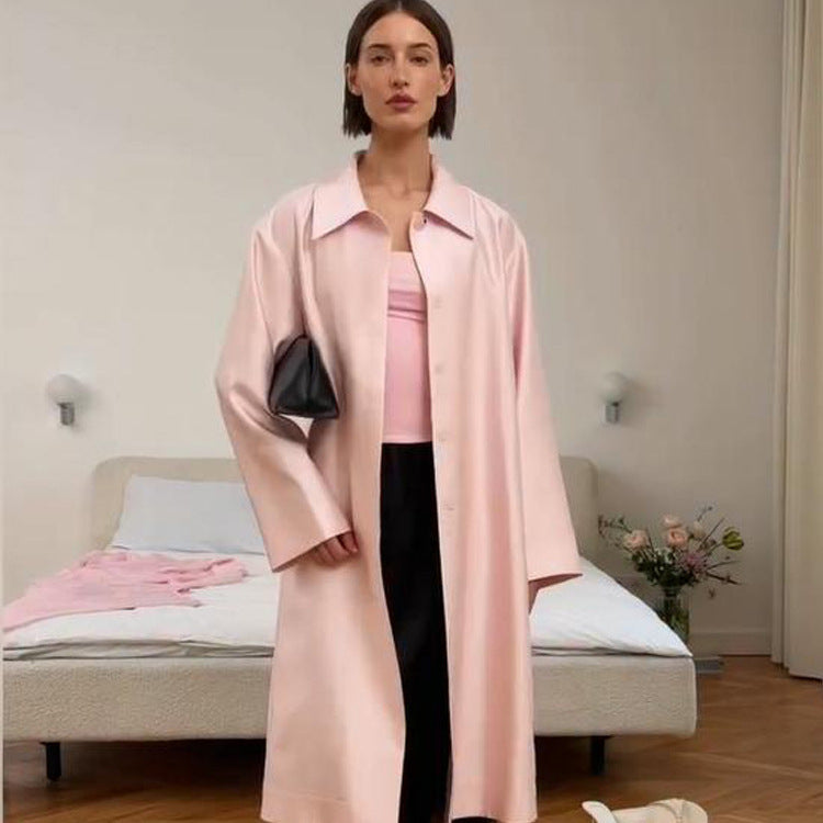 Damen leichter satinähnlicher Longmantel im Oversize-Schnitt mit weitem Revers Shop Nory