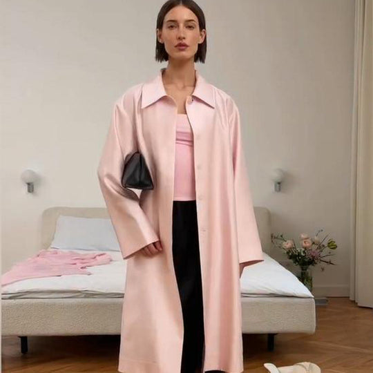Damen leichter satinähnlicher Longmantel im Oversize-Schnitt mit weitem Revers Shop Nory