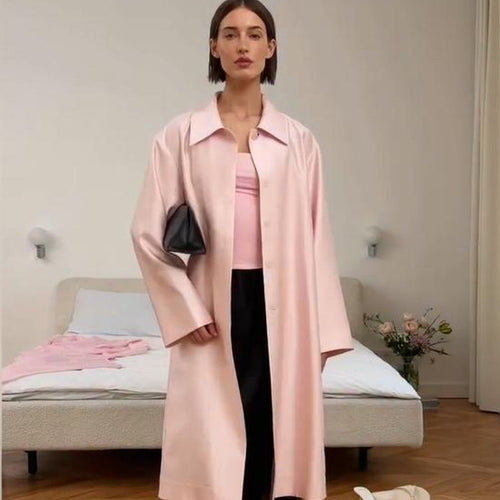 Damen leichter satinähnlicher Longmantel im Oversize-Schnitt mit weitem Revers Shop Nory
