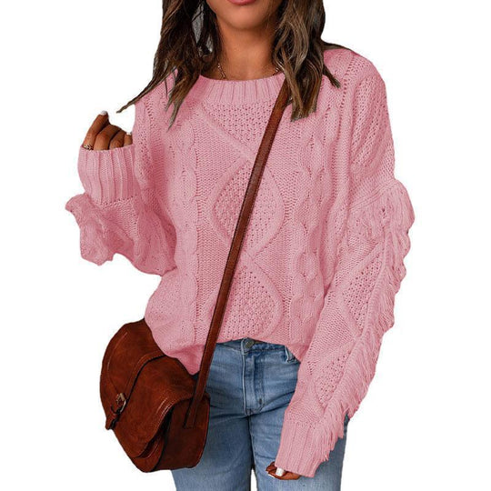 Damen Grobstrick-Pullover mit Zopfstruktur, fransigen Ärmeln und legerer Oversize-Passform Shop Nory