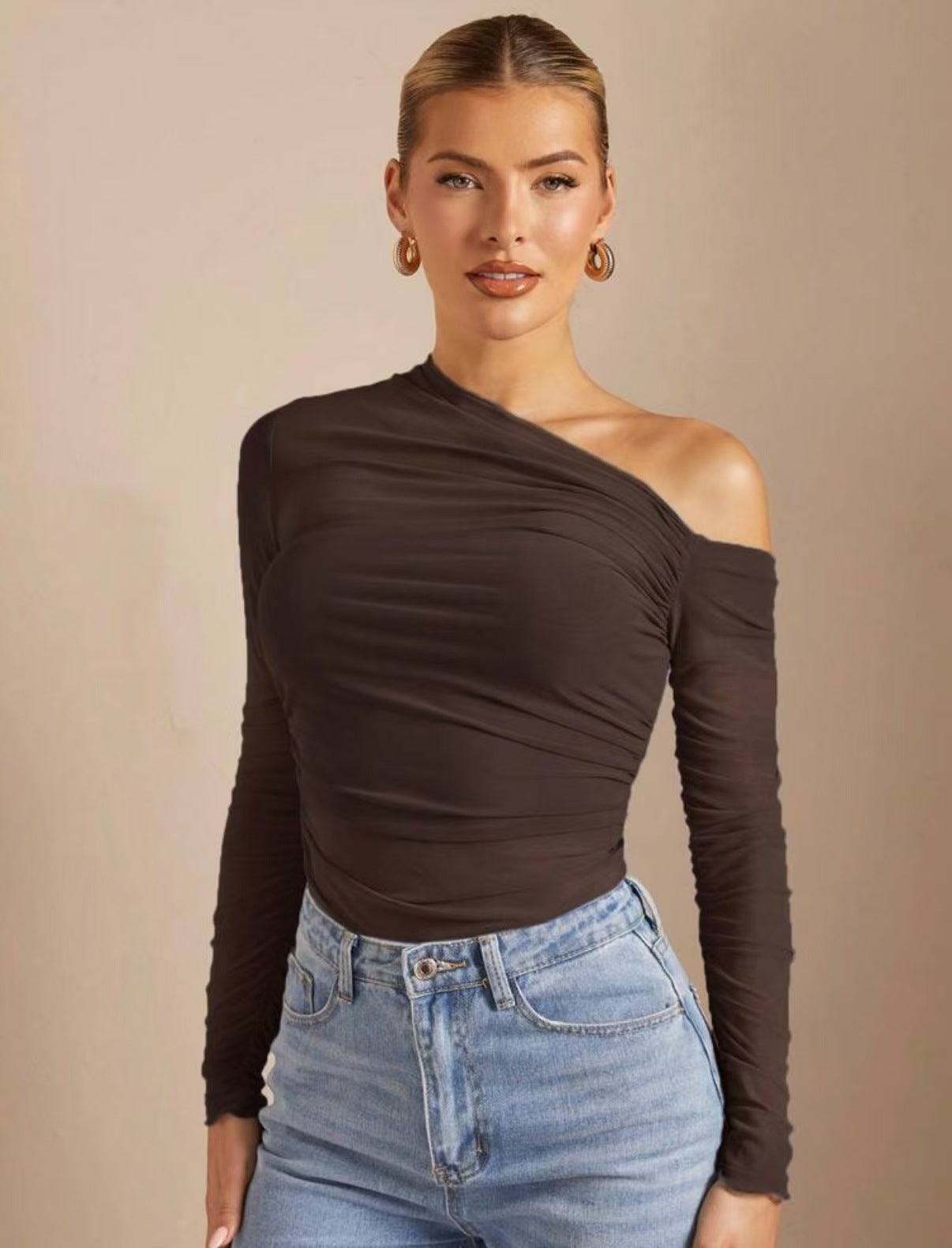 Damen Asymmetrischer Body mit Raffungen und langen Ärmeln