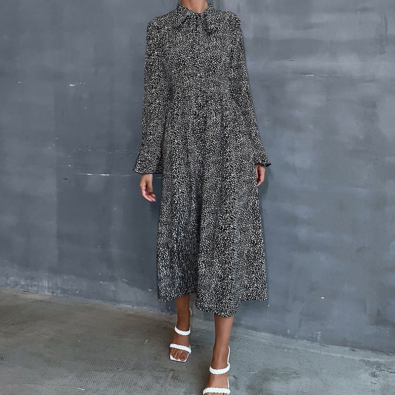 Damen Midikleid mit Stehkragen und Bindeschleife, Langarm A‑Linie mit feinem Pünktchenmuster Shop Nory