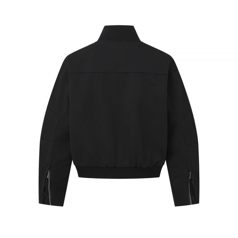 Unisex Kurz geschnittene minimalistische Bomberjacke mit geripptem Stehkragen und verdeckter Reißverschlussblende Shop Nory