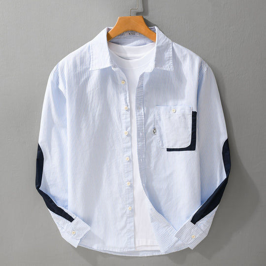 Herren Gestreiftes Overshirt‑Hemd mit Kontrast‑Ellbogenpatches und aufgesetzter Brusttasche Shop Nory