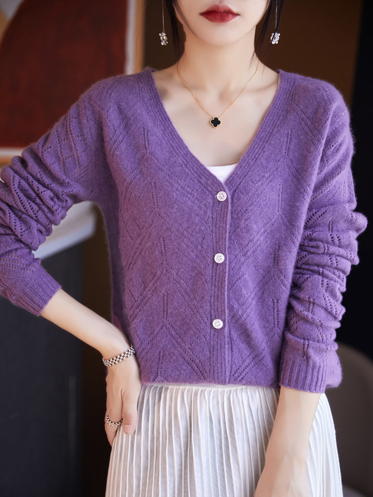 Damen Leichter Ajourcardigan mit geometrischer Lochstruktur und kastiger Kurzform Shop Nory