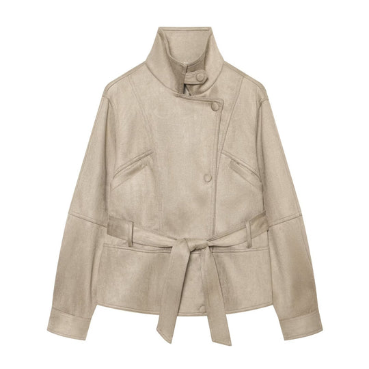 Damen Taillierte Kurzjacke aus weichem Veloursimitat mit asymmetrischer Knopfleiste und Bindegürtel Shop Nory